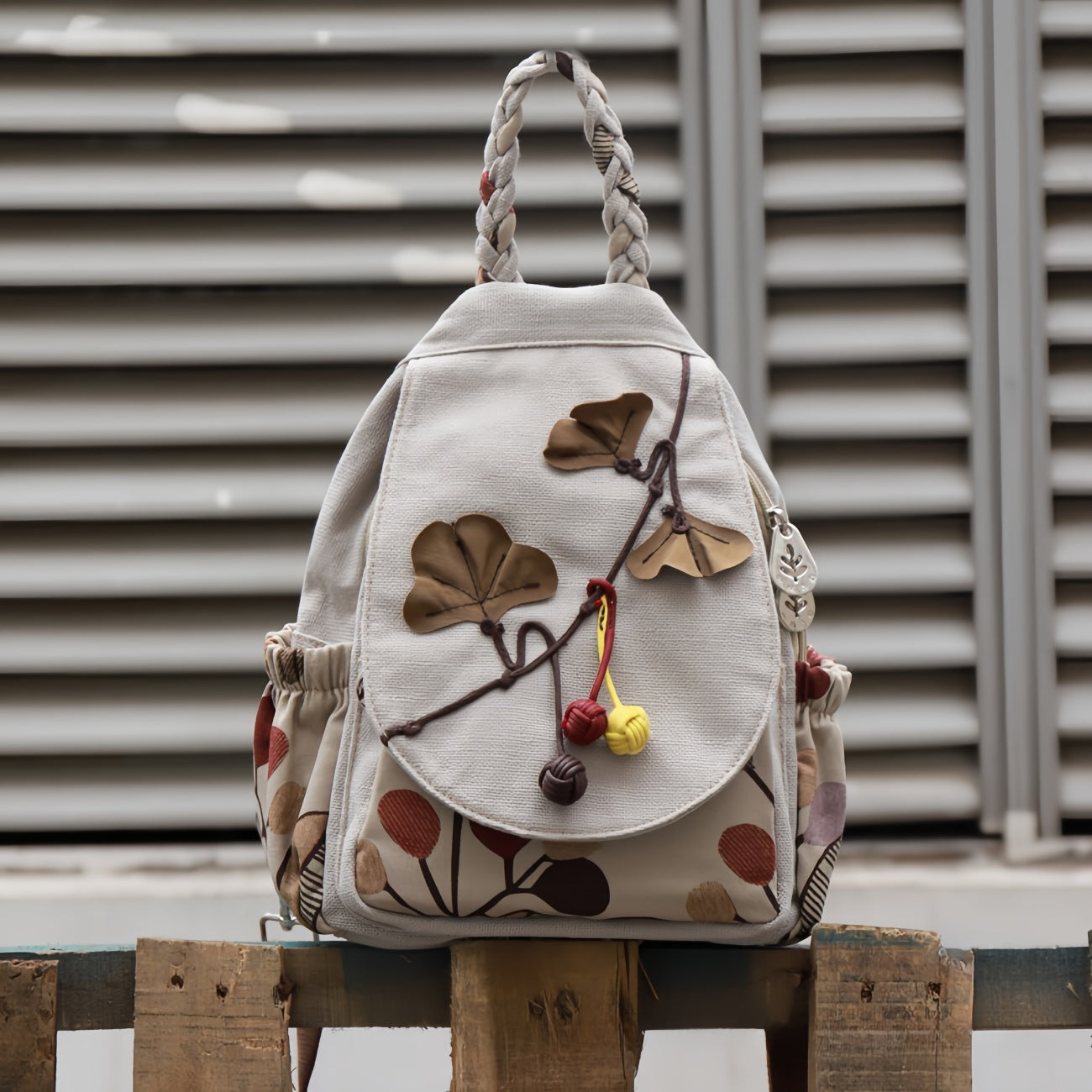 Ginkgo leaves, fruits, multi layered canvas backpack, birthday gift for girlfriend