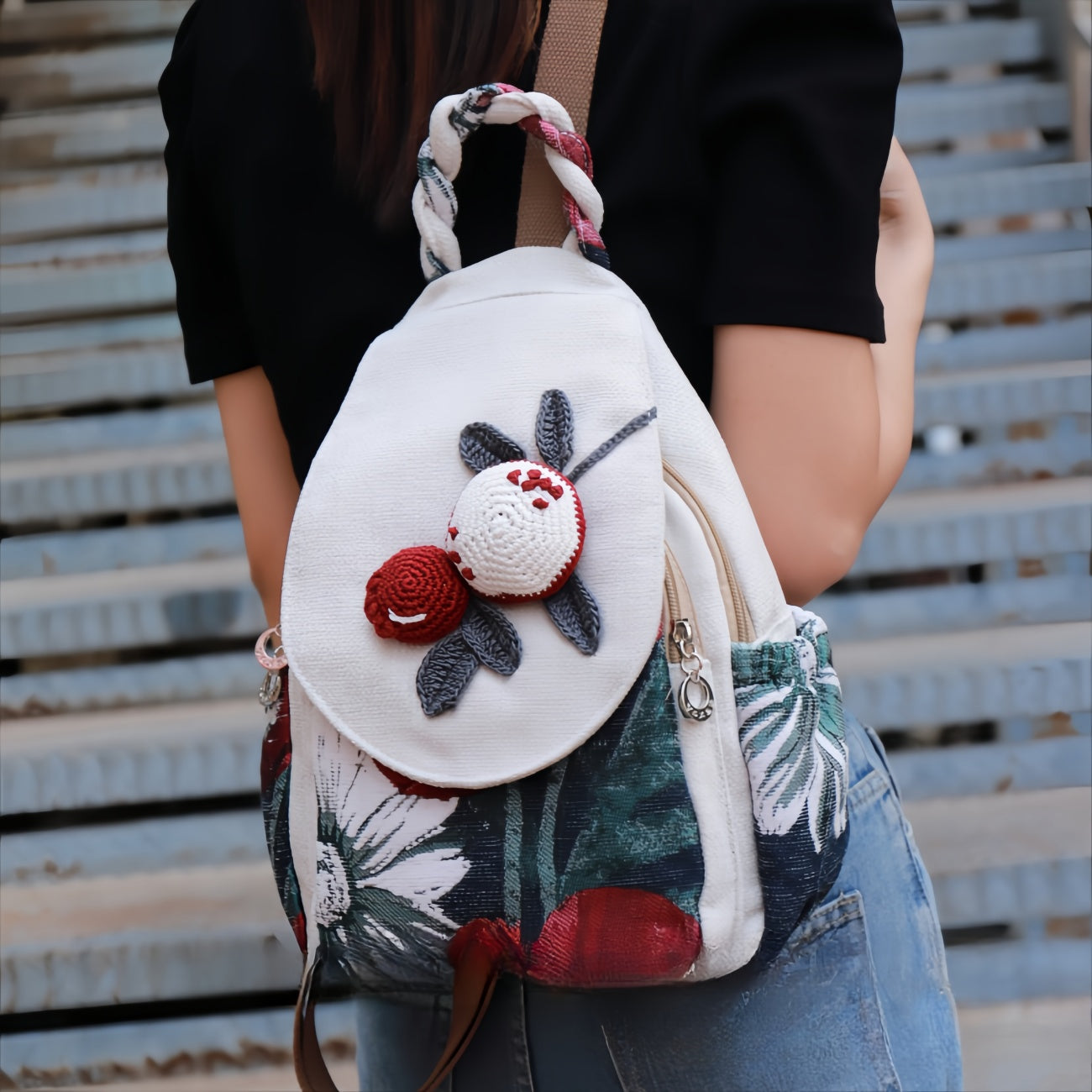 3D flower hand woven multi layered canvas backpack, birthday gift for girlfriend