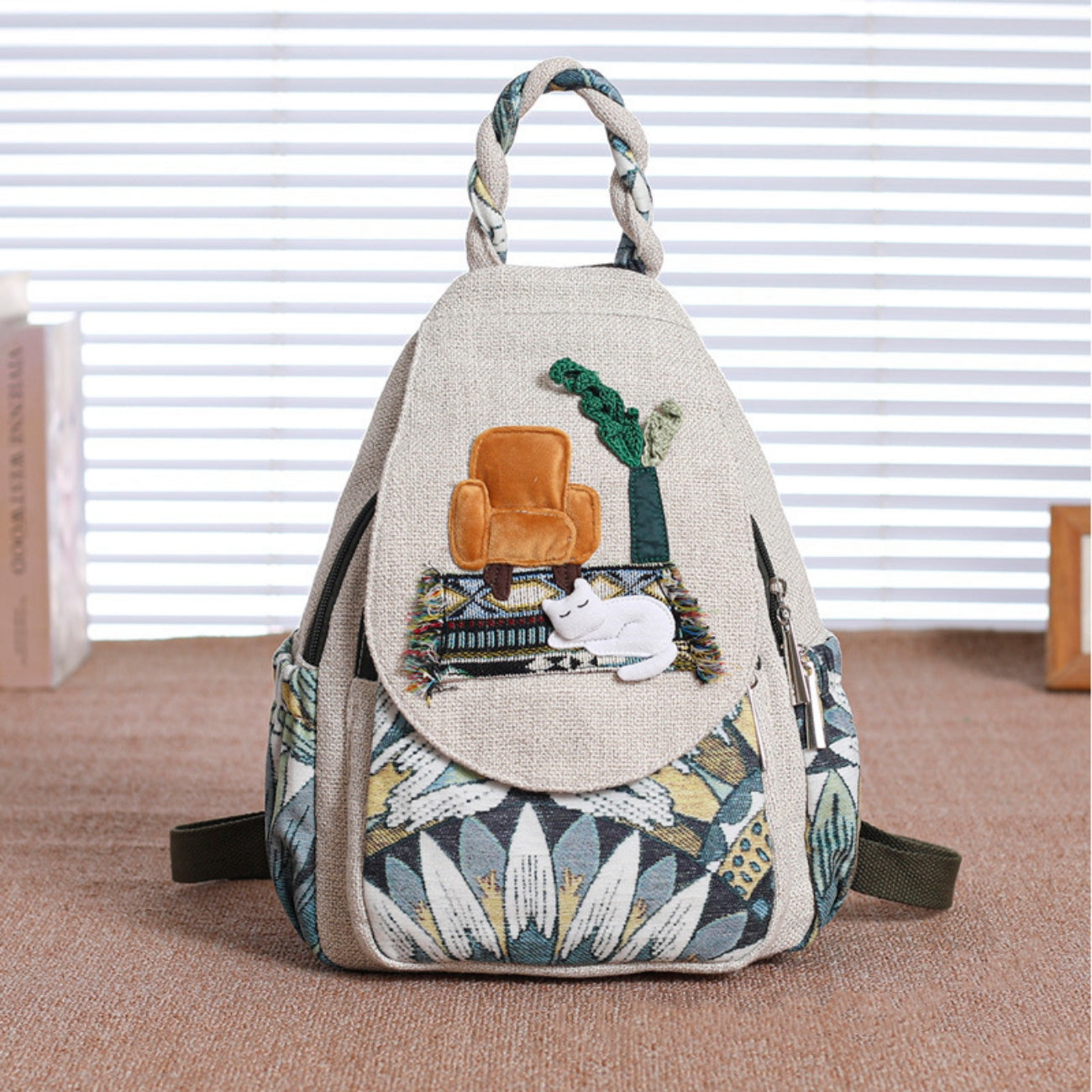 Cat woven canvas backpack with multiple compartments for convenient travel, commuting, birthday gift for girlfriend