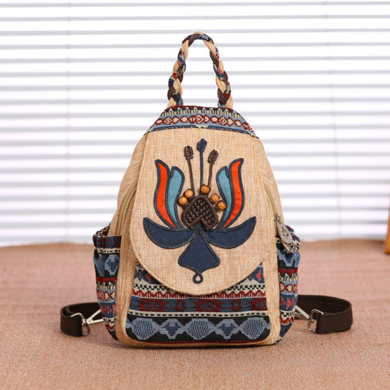 Handmade woven plant shape canvas backpack for convenient travel, commuting, birthday gift for girlfriend