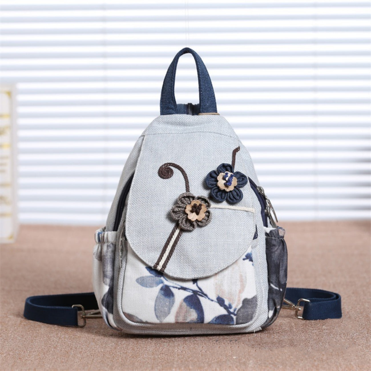 Flower woven canvas backpack with multiple compartments for convenient travel, commuting, birthday gift for girlfriend