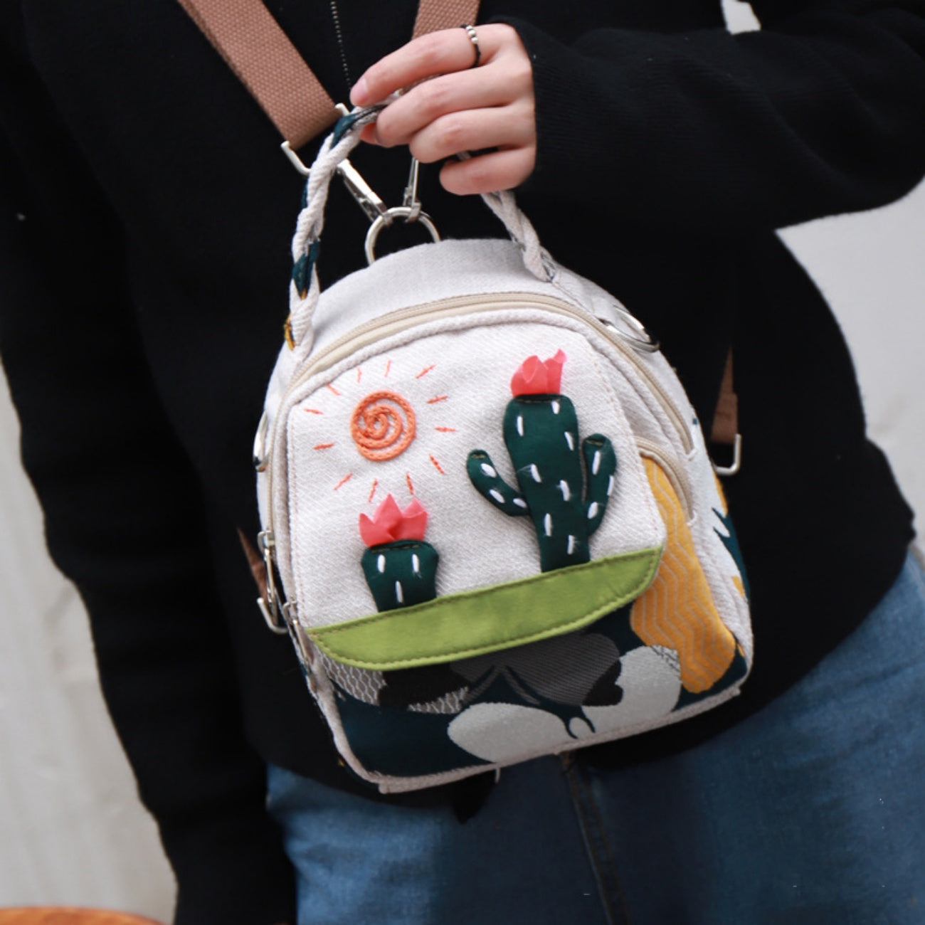 Rural style sun cactus multifunctional canvas tote, birthday gift for girlfriend and mother