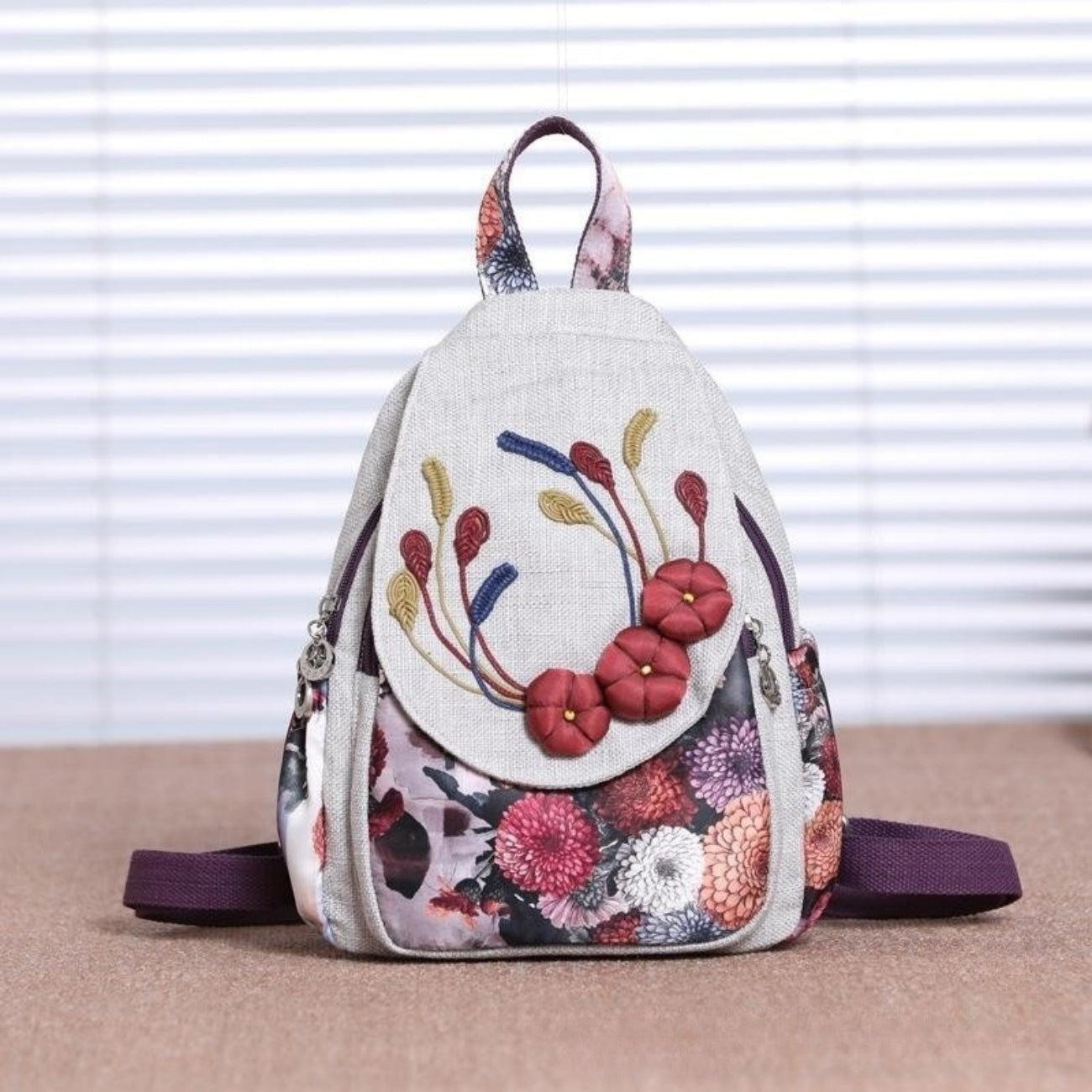 Double shoulder women's canvas backpack with multiple flower compartments suitable for outdoor travel