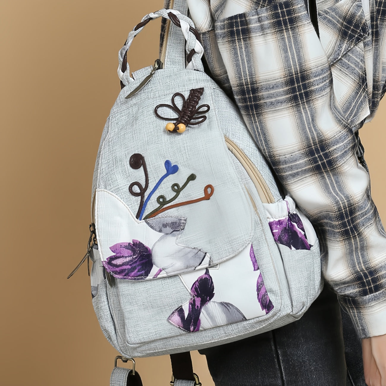 Dragonfly simple handmade woven multi layered canvas backpack, birthday gift for girlfriend