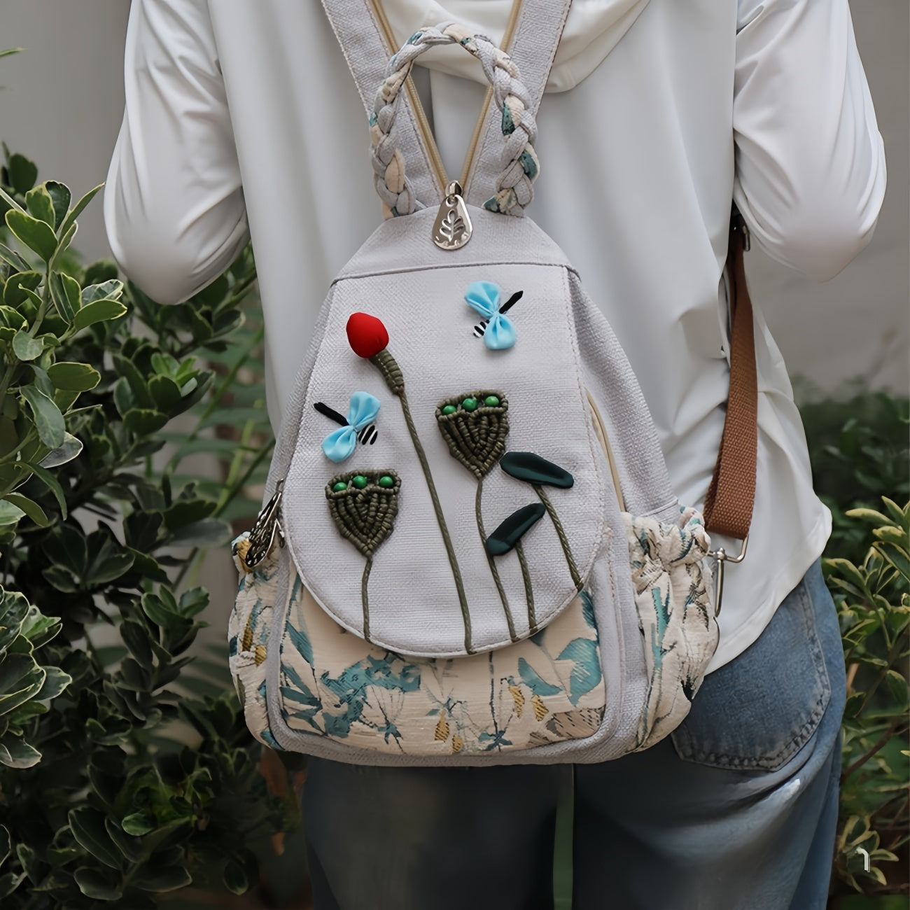 Lotus Pond Moon Handmade Multi layer canvas backpack Birthday Gift for Girlfriend