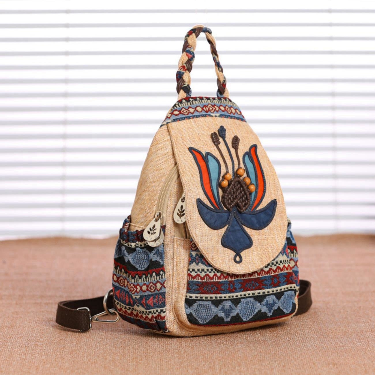 Handmade woven plant shape canvas backpack for convenient travel, commuting, birthday gift for girlfriend