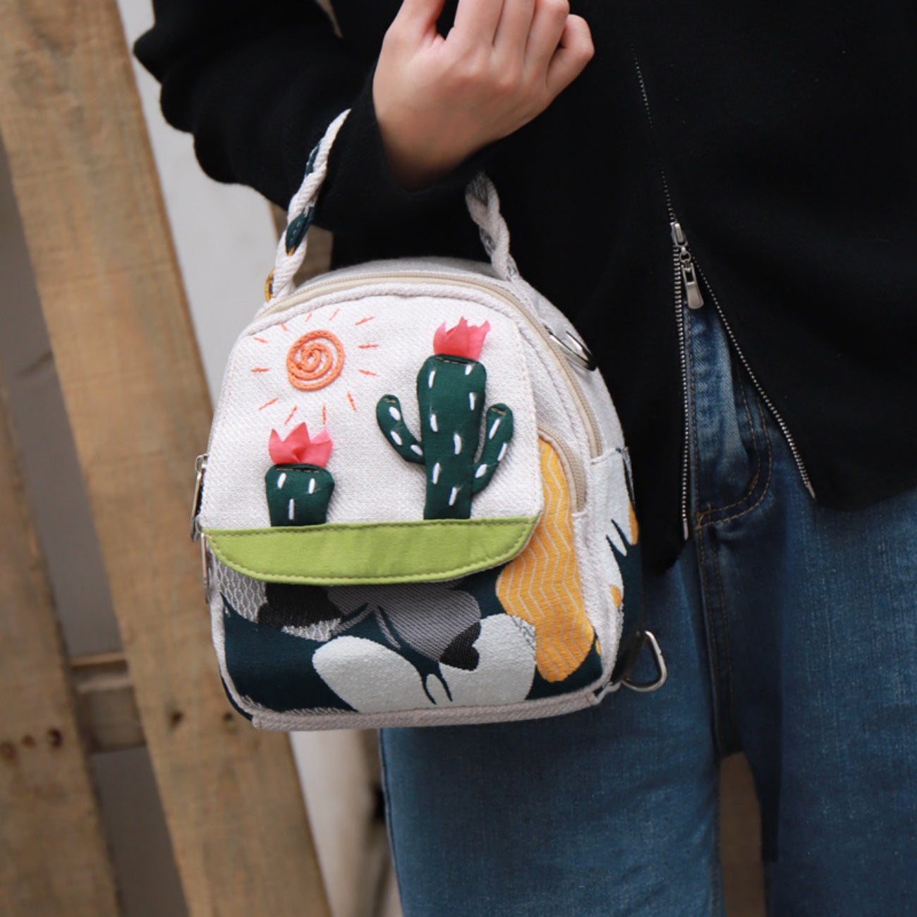 Rural style sun cactus multifunctional canvas tote, birthday gift for girlfriend and mother