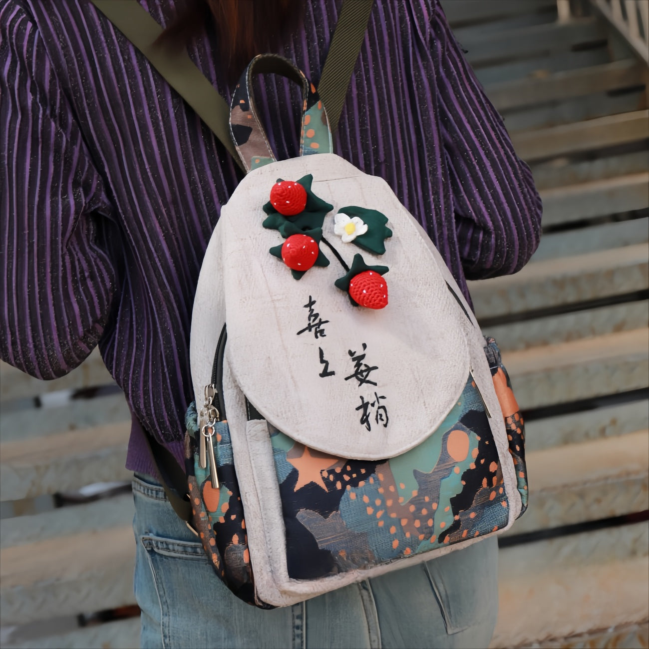 Strawberry shaped multi layered canvas backpack, birthday gift for girlfriend