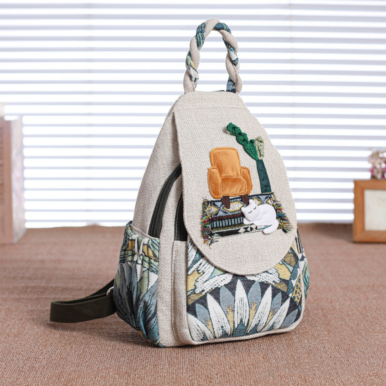 Cat woven canvas backpack with multiple compartments for convenient travel, commuting, birthday gift for girlfriend