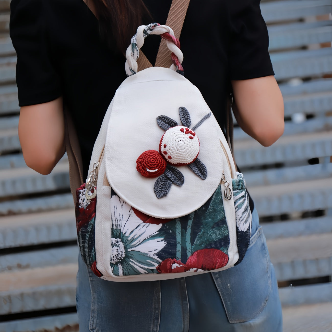 3D flower hand woven multi layered canvas backpack, birthday gift for girlfriend