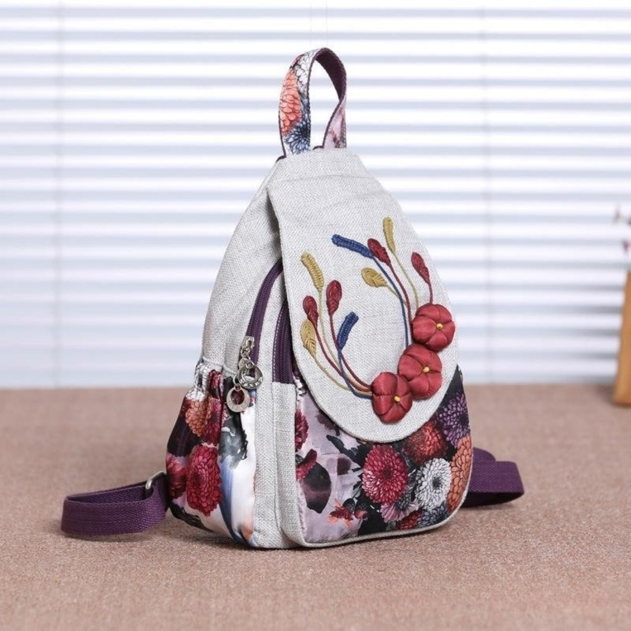 Double shoulder women's canvas backpack with multiple flower compartments suitable for outdoor travel