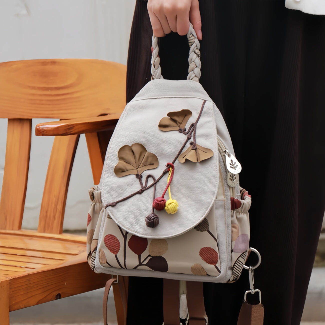 Ginkgo leaves, fruits, multi layered canvas backpack, birthday gift for girlfriend