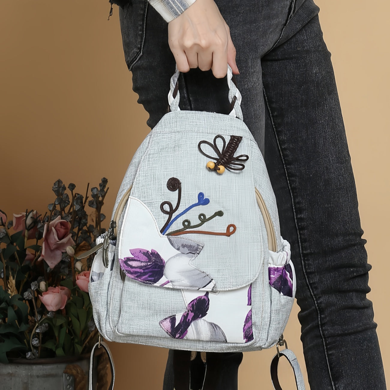 Dragonfly simple handmade woven multi layered canvas backpack, birthday gift for girlfriend