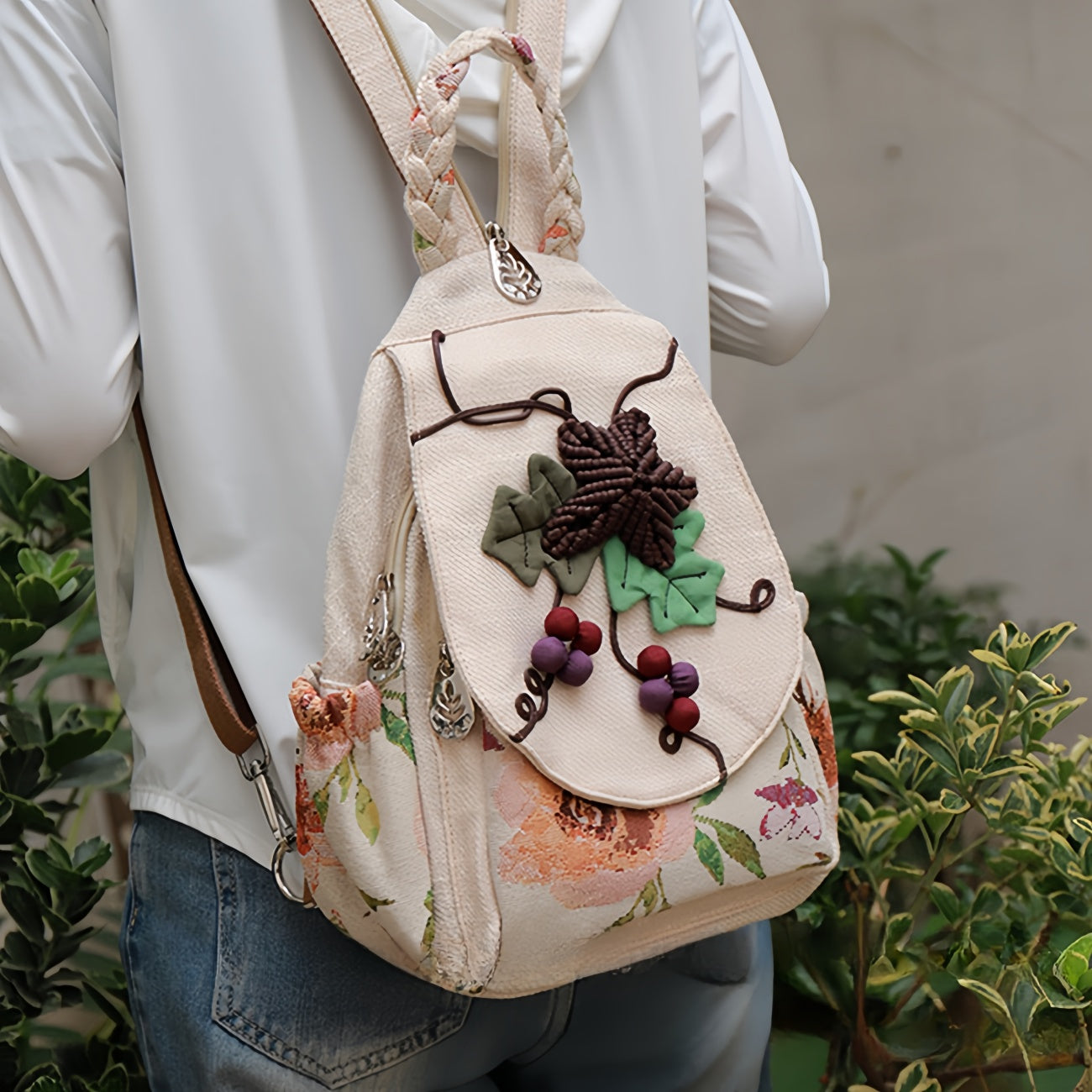 Simple grape hand woven multi layered canvas backpack, birthday gift for girlfriend