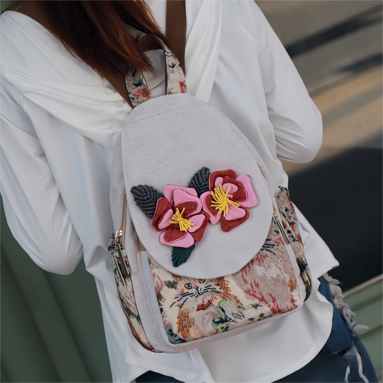 Hand woven flower multi layered canvas backpack, birthday gift for girlfriend