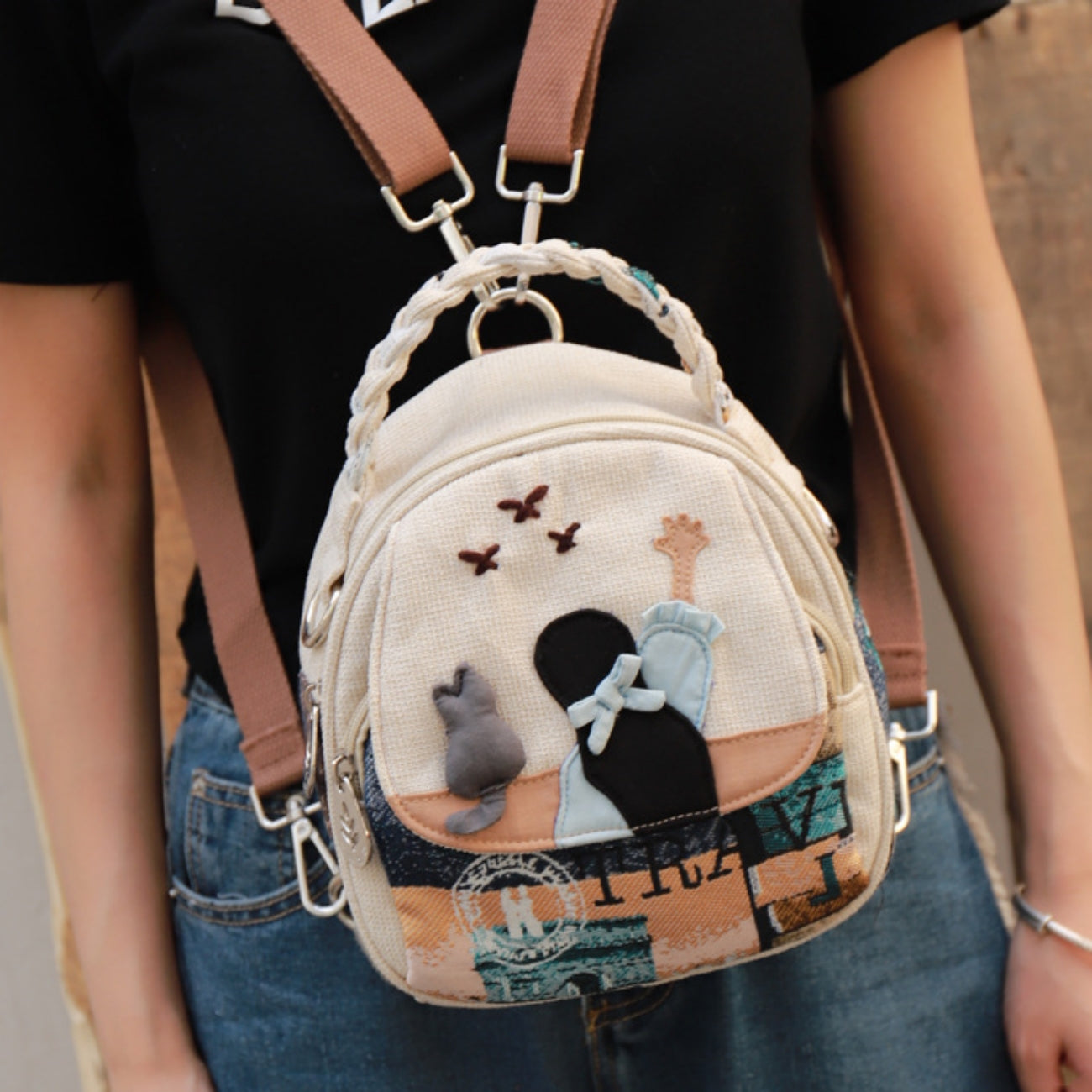 Multi functional canvas backpack, mini one shoulder crossbody bag, holiday gift for girlfriend