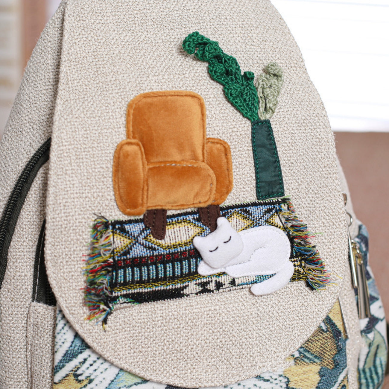 Cat woven canvas backpack with multiple compartments for convenient travel, commuting, birthday gift for girlfriend