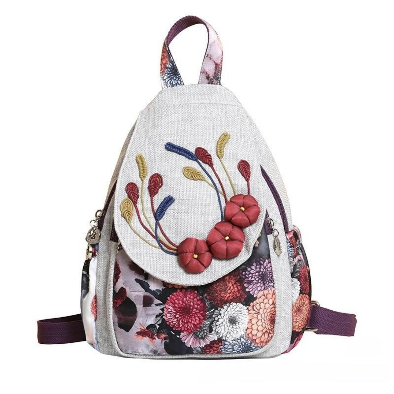 Double shoulder women's canvas backpack with multiple flower compartments suitable for outdoor travel