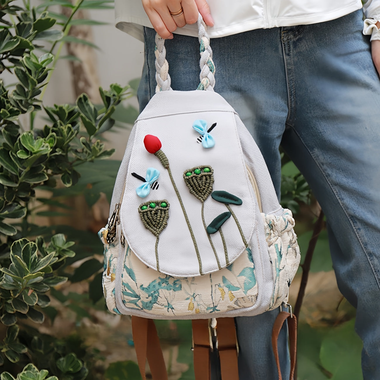 Lotus Pond Moon Handmade Multi layer canvas backpack Birthday Gift for Girlfriend