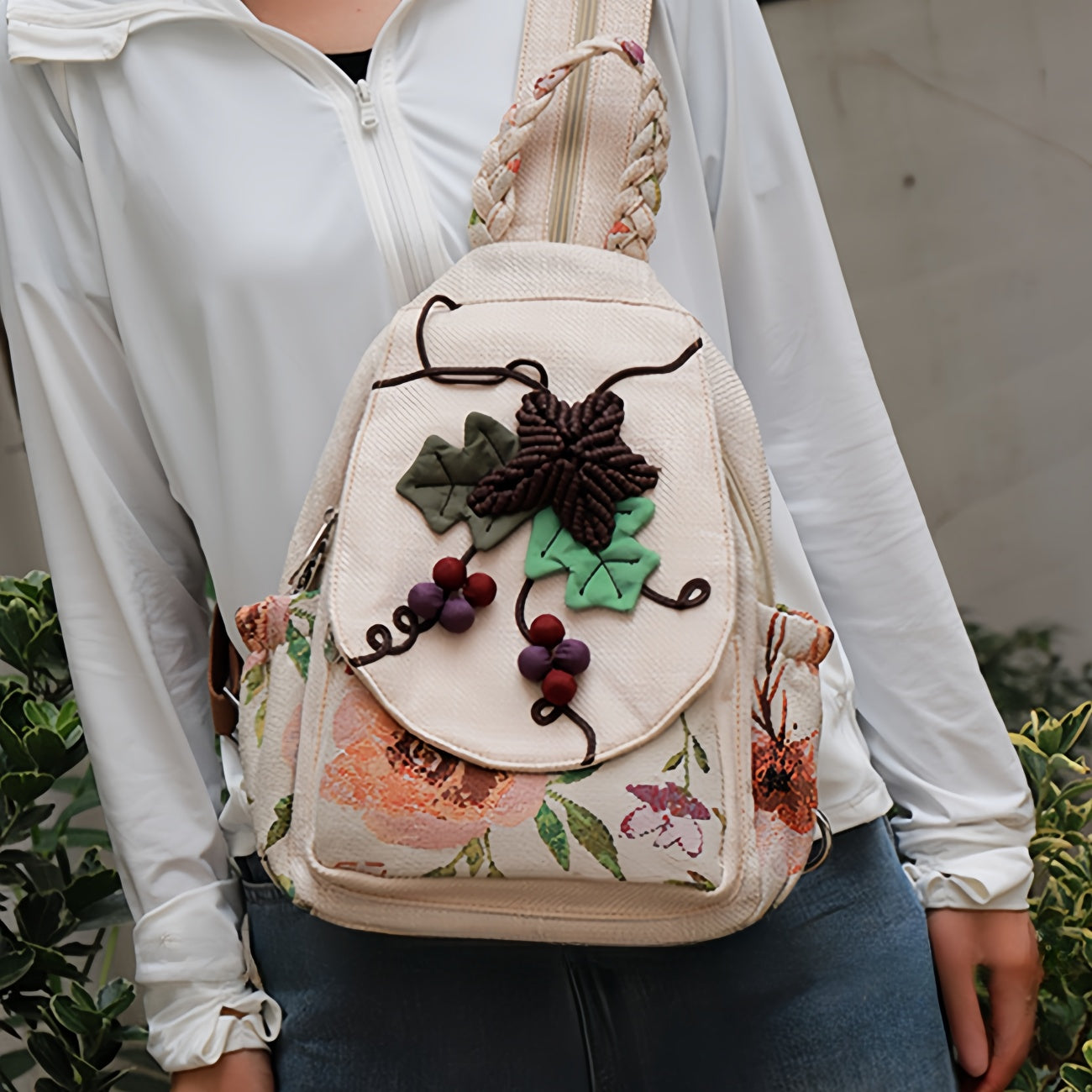 Simple grape hand woven multi layered canvas backpack, birthday gift for girlfriend