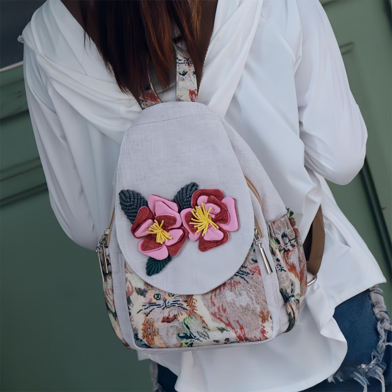 Hand woven flower multi layered canvas backpack, birthday gift for girlfriend