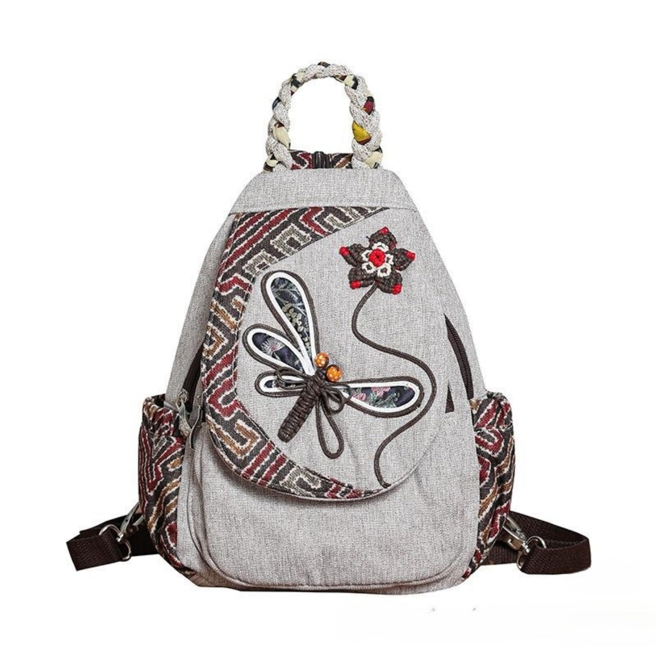 Cotton and linen canvas backpack with lightweight multiple compartments, dragonfly shaped holiday gift for girlfriend