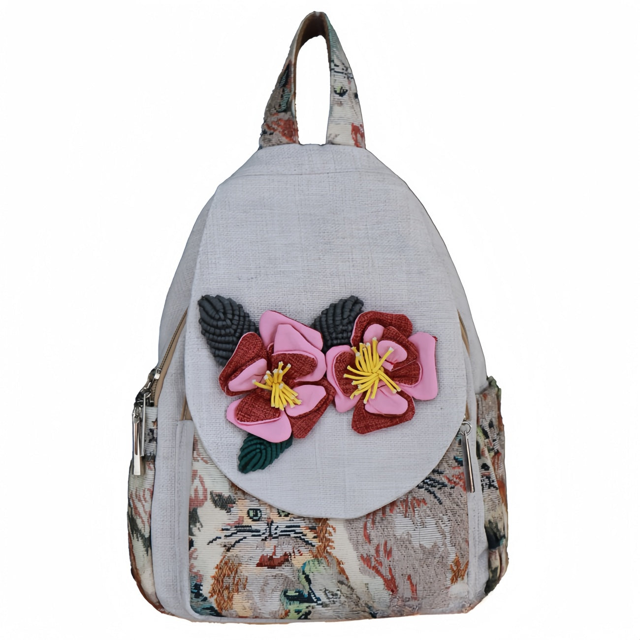 Hand woven flower multi layered canvas backpack, birthday gift for girlfriend