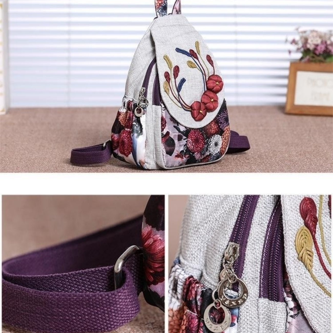 Double shoulder women's canvas backpack with multiple flower compartments suitable for outdoor travel