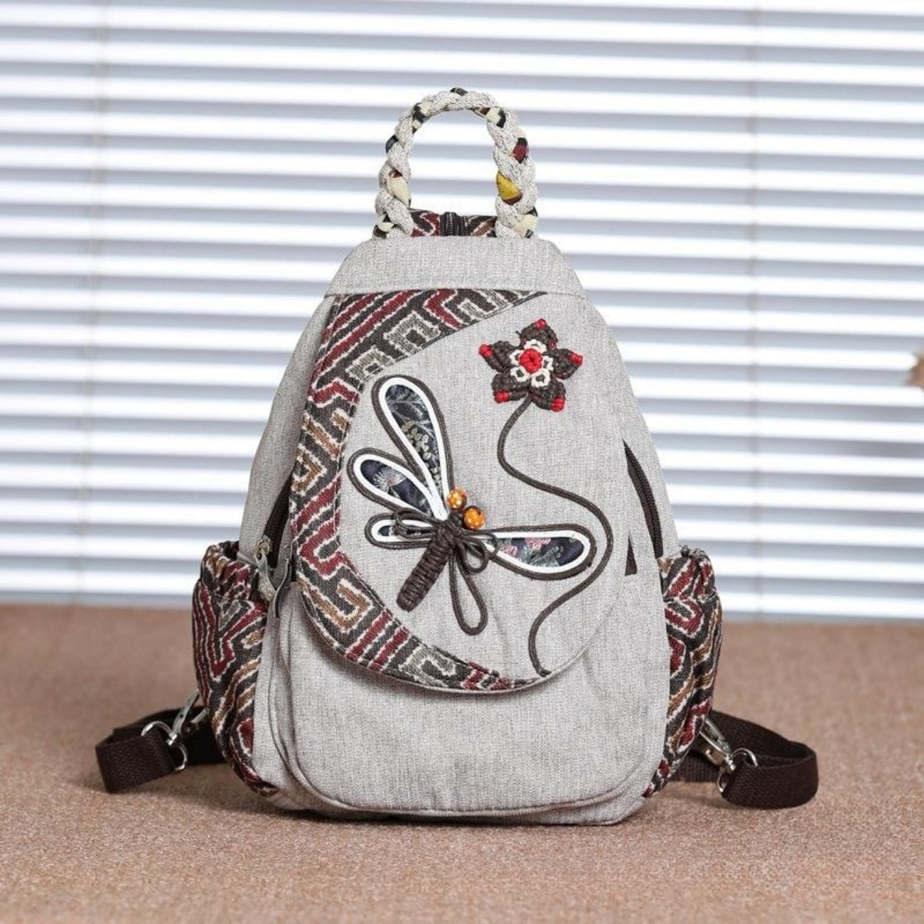 Cotton and linen canvas backpack with lightweight multiple compartments, dragonfly shaped holiday gift for girlfriend