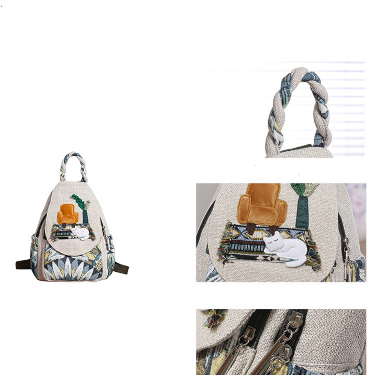 Cat woven canvas backpack with multiple compartments for convenient travel, commuting, birthday gift for girlfriend