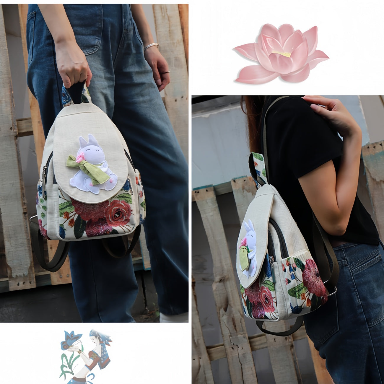 Cute cartoon casual multi layered canvas backpack, birthday gift for girlfriend