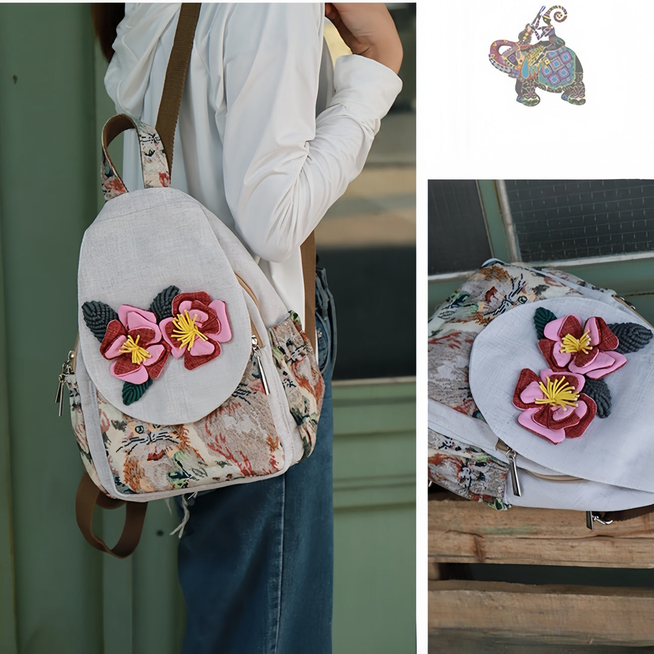 Hand woven flower multi layered canvas backpack, birthday gift for girlfriend