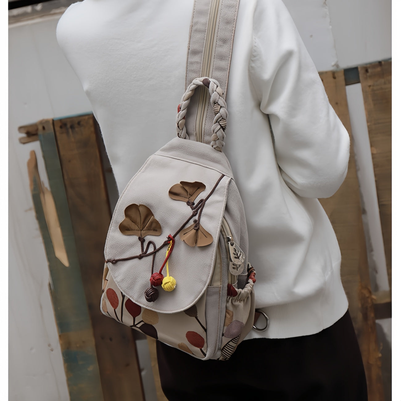 Ginkgo leaves, fruits, multi layered canvas backpack, birthday gift for girlfriend