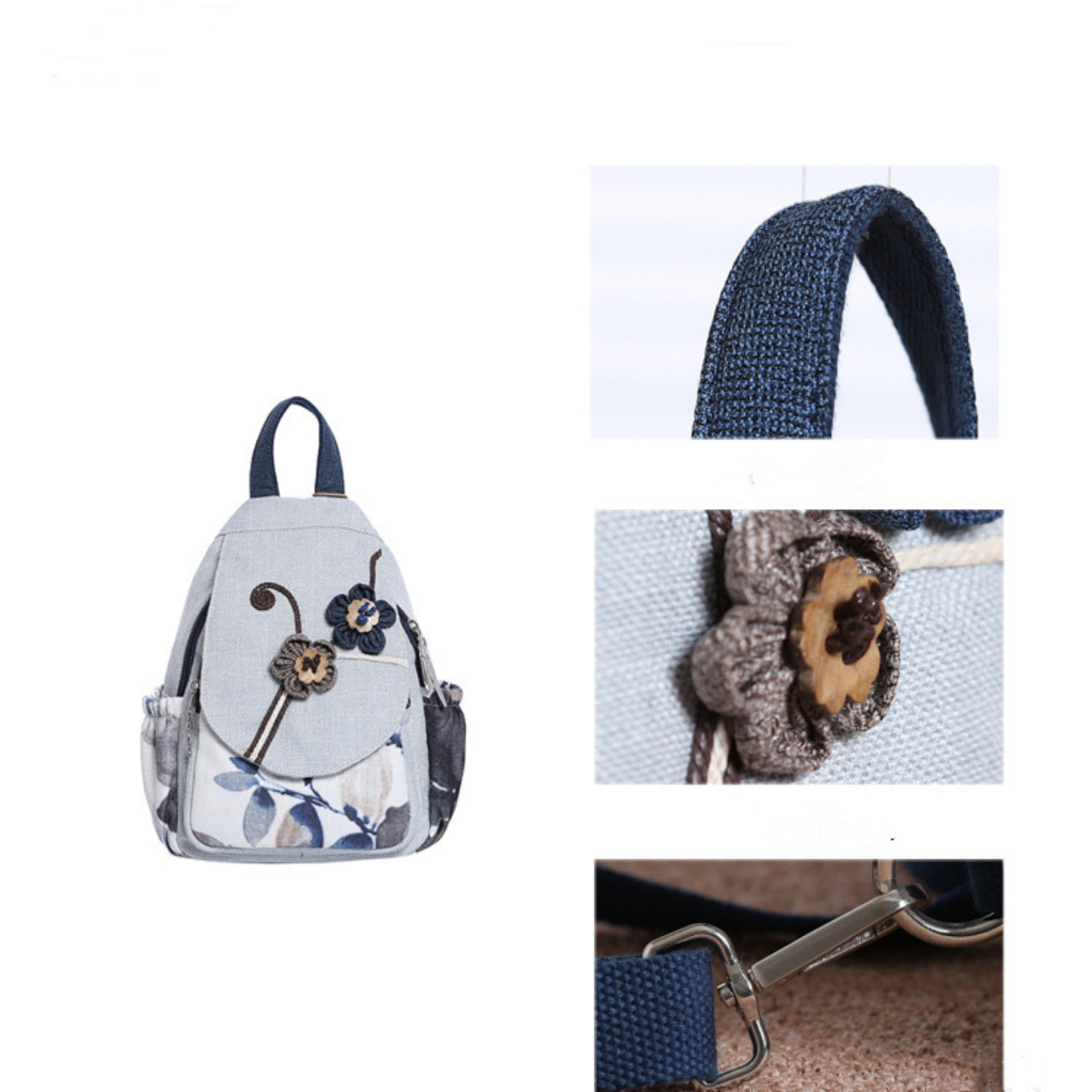 Flower woven canvas backpack with multiple compartments for convenient travel, commuting, birthday gift for girlfriend