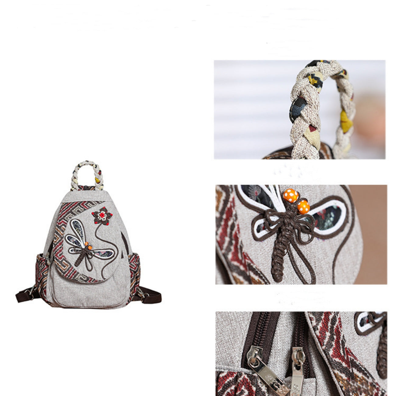 Cotton and linen canvas backpack with lightweight multiple compartments, dragonfly shaped holiday gift for girlfriend