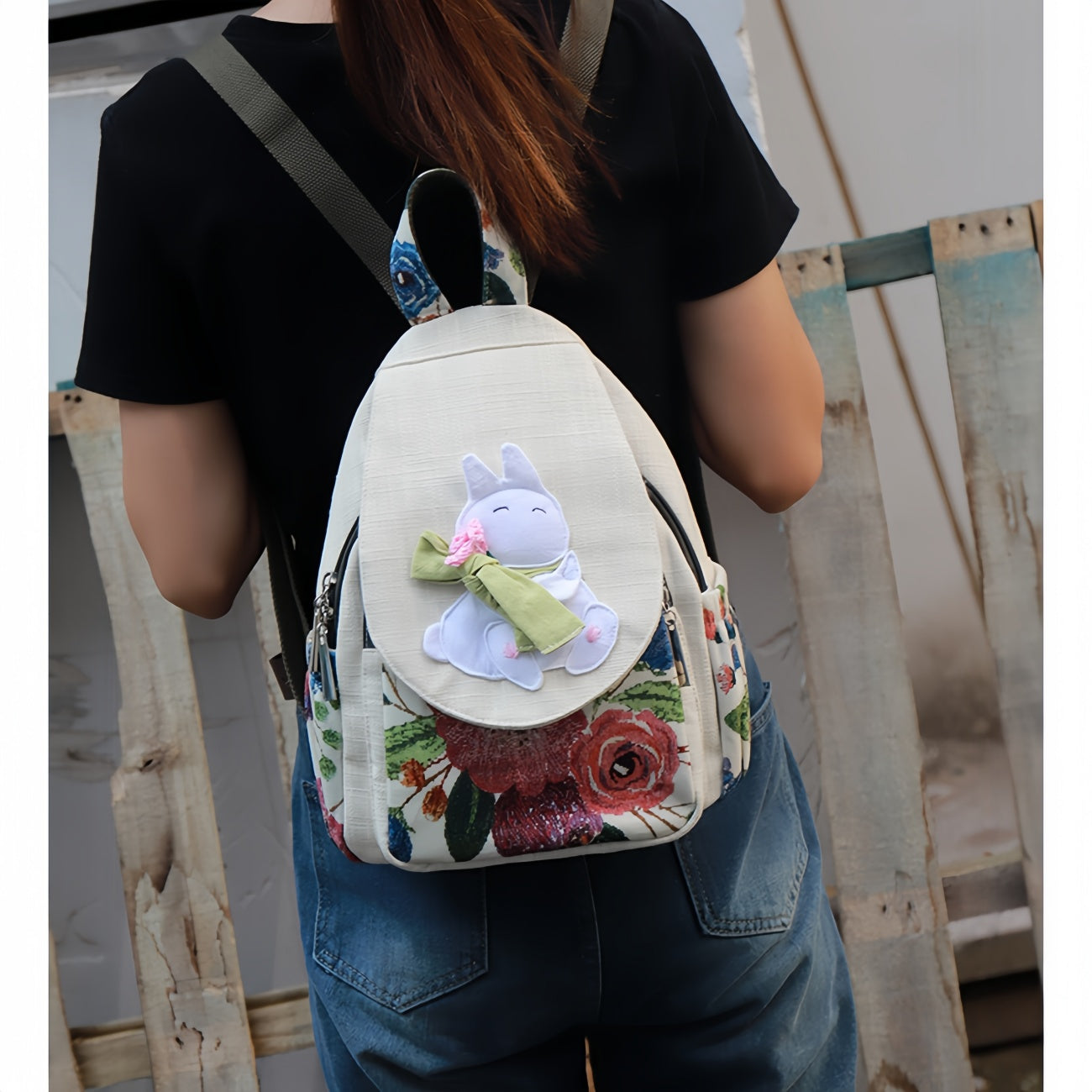 Cute cartoon casual multi layered canvas backpack, birthday gift for girlfriend