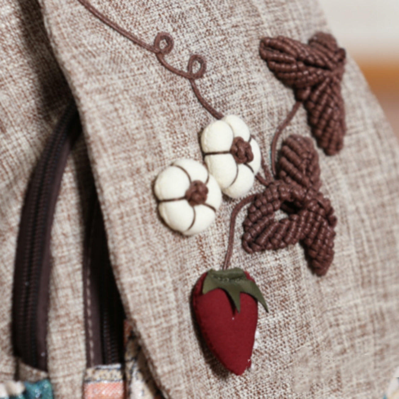 Strawberry woven canvas tote with multiple compartments for convenient travel, commuting, birthday gift for girlfriend