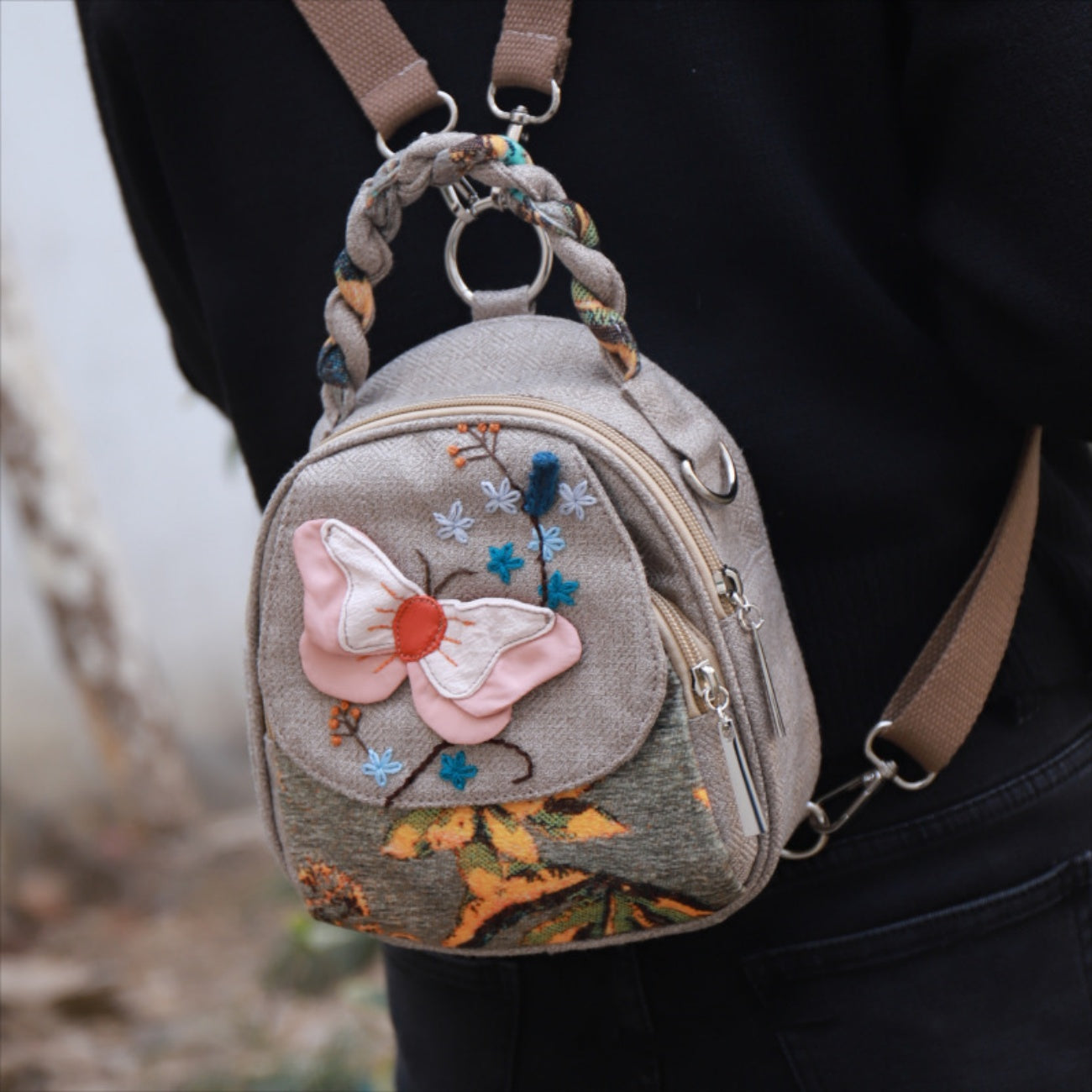 Butterfly women's canvas backpack convenient multi-pocket mobile phone coin purse birthday gift for girlfriend